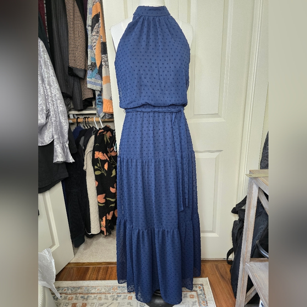 Blue Halter Tiered Maxi Dress